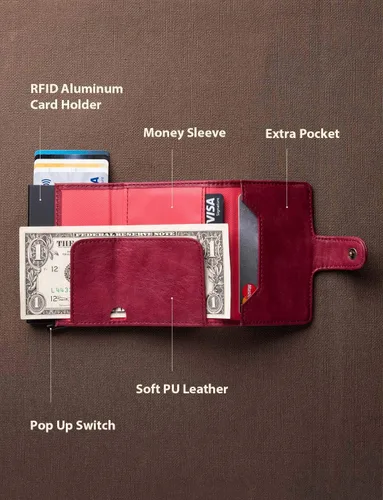 Vista 2 de Tarjetero de cuero para tarjetas de crédito, billetera desplegable automática minimalista delgada con bloqueo RFID para hombre y mujer