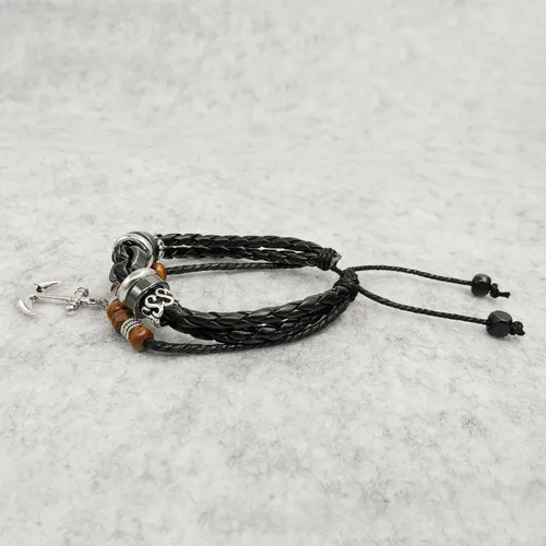 Vista 38 de Suyi brazalete ajustable con varias capas, de cuero tejido trenzado con cruz. Pulsera tipo esclava.