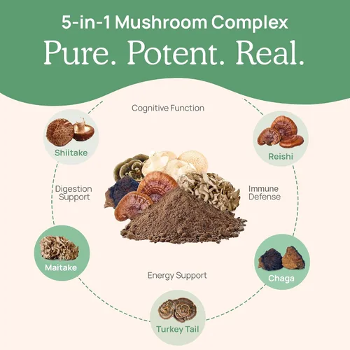Vista 4 de Real Mushrooms Ergotioneína (60 unidades) y 5 defensores (200 unidades) con cola de pavo, shiitake, reishi, chaga, maitake, ostra - Longevidad