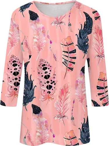 Vista 2 de Camisas de manga 34 para mujer, estilo bohemio, estampado, cuello redondo, casuales, básicas, blusas holgadas