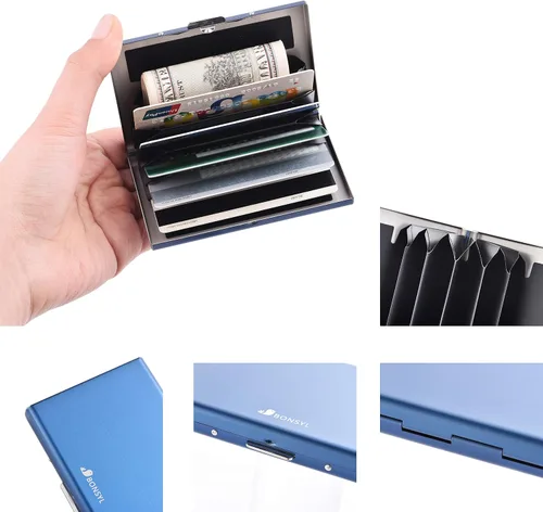 Vista 48 de BONSYL® Soporte para tarjetas de crédito, cartera delgada de metal con bloqueo RFID, con 6 ranuras para tarjetas, para mujeres y hombres.