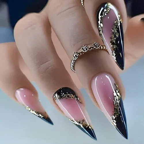 Vista 8 de 24 uñas postizas cuadradas medianas a presión, uñas postizas acrílicas artificiales con diseños de plumas doradas, cobertura completa