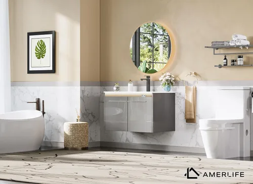 Vista 7 de AMERLIFE - Tocador de baño flotante LED de 31 pulgadas con lavabo individual, color gris