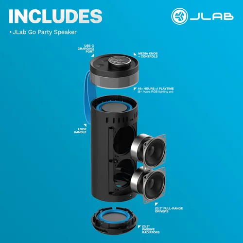 Vista 9 de JLab Go Party - Altavoz Bluetooth portátil, color negro medianoche, 10 vatios de potencia, más de 16 horas de reproducción, impermeabilización IP56