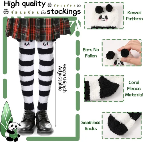 Vista 6 de 4 pares de calcetines peludos hasta el muslo para mujer, lindas medias de dibujos animados por encima de la rodilla, esponjosas, con rayas Kawaii