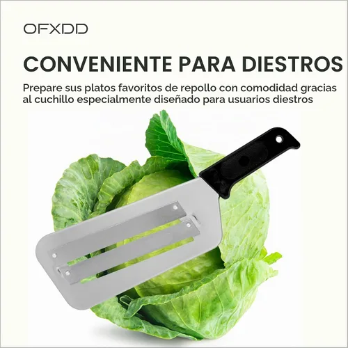 Vista 3 de Cuchillo de repollo de acero inoxidable para cortar y triturar, dos cuchillas afiladas, mango de plástico negro, ideal para chucrut y ensalada de col