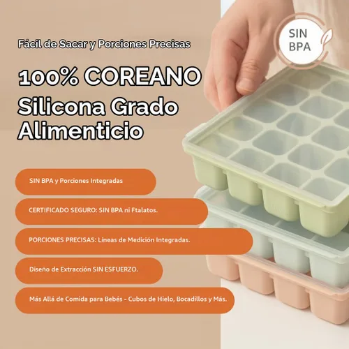 Vista 4 de Bandeja de silicona para congelador, cubos de almacenamiento de comida para bebé con tapa a clip, congelar comida para bebé, sopas, purés, hielo