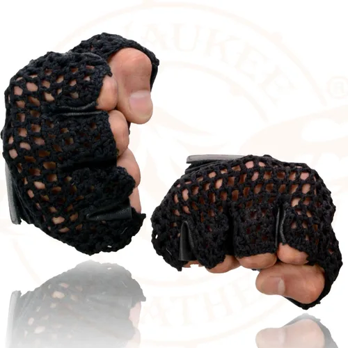 Vista 6 de Milwaukee Leather SH219 Men’s Black Leather and Mesh Fingerless Gloves with Padded Palm Negro