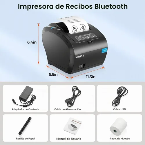 Vista 6 de MUNBYN Bluetooth Impresora térmica de recibos 3.150 in Blanco USB Serial Ethernet Compatible with Android Windows PC and iOS, does not Support