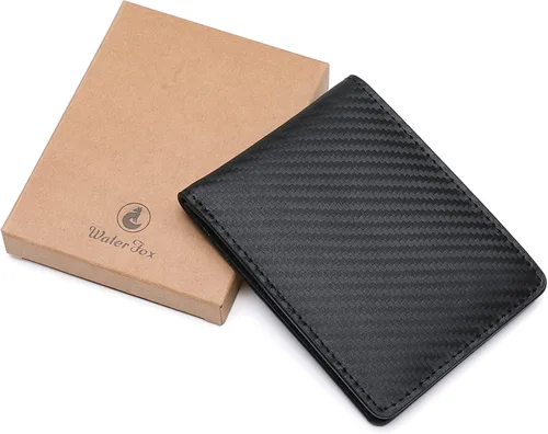 Vista 6 de Cartera delgada de cuero para hombre, billetera pequeña con bolsillo frontal con bloqueo RFID, ventana de identificación