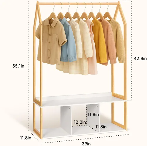 Vista 7 de Perchero de madera con almacenamiento, estantes de ropa independientes para colgar ropa perchero para dormitorio, entrada, sala de estar