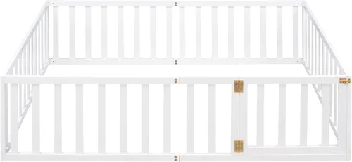 Vista 5 de Harper & Bright Designs Cama de suelo Montessori de tamaño matrimonial con rieles, marco de madera con valla y puerta, para niños y niñas (blanco)