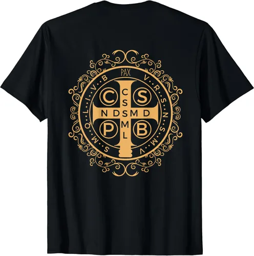 Vista 2 de Camiseta con estampado católico de medalla de San Benito, Negro