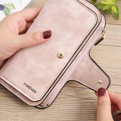 Vista 2 de KELEEL Cartera de cuero para mujer, monedero de embrague para tarjetas de crédito, soporte para monedas, plegable, Rosado, Classic