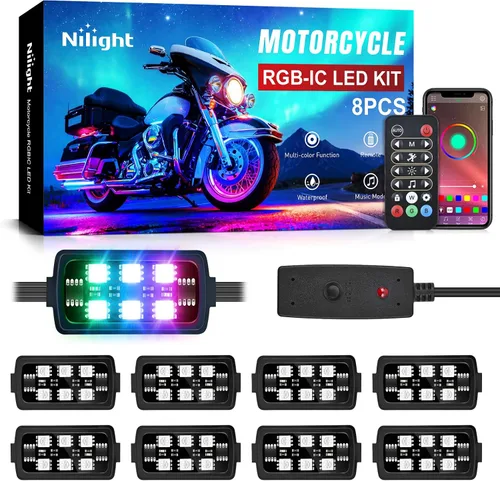 Vista 9 de Nilight Juego de 8 tiras de luces LED RGB para motocicleta, luces de atmósfera impermeables de neón multicolor con control remoto inteligente
