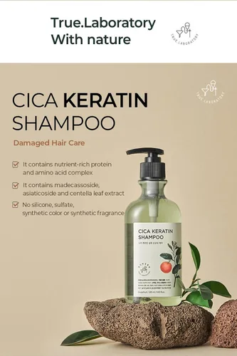Vista 2 de TheMogan True.LAB Champú de queratina Cica 9.6 fl oz - Fórmula calmante y fortalecedora con centella asiática, queratina y aceites naturales para un