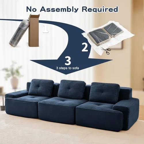 Vista 8 de Sofá seccional modular comprimido sin estructura de 117", sofás seccionales de 3 plazas para sala de estar, sofá seccional modular de pana azul