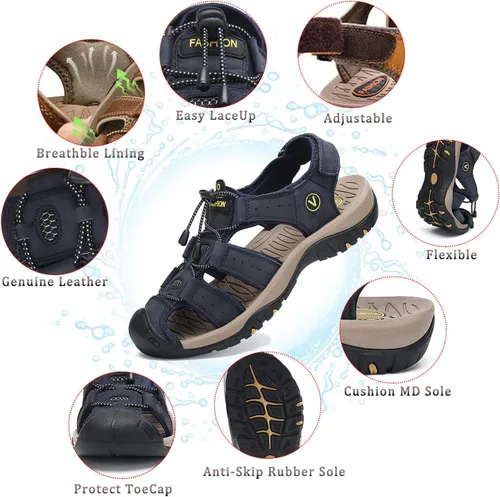 Vista 2 de FLARUT - Sandalias deportivas para hombre, sandalias para senderismo y exteriores, diseño informal de cuero con punta cerrada, sandalias atléticas