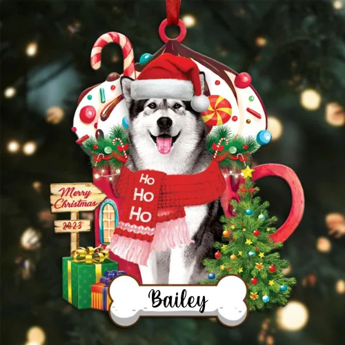 Vista 23 de Akita1 - Adorno personalizado para perro, adorno de perro con nombre personalizado, plano impreso en 2D, acrílico colgante, Papá Noel y perro
