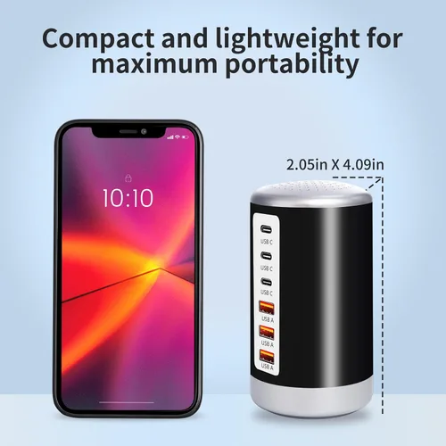 Vista 6 de Estación de carga USB de 60 W, 6 puertos (3 USB-A y 3 USB-C) compatible con iPhone 15/14/13/12/11, tabletas, teléfonos inteligentes, color negro