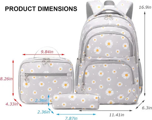 Vista 23 de goldwheat Mochilas impresas margaritas con paquete de almuerzo, estuche de lápices 3pcs, bolsa ligera resistente al agua para la escuela secundaria