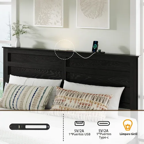 Vista 4 de Base de cama tamaño matrimonial con cabecero de madera, estructura de cama de plataforma de madera con estribo de puerta corrediza de granero