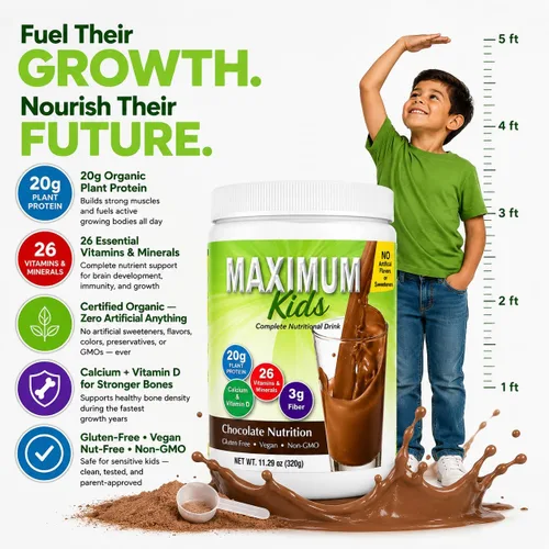 Vista 3 de Maximum Kids - Mezcla completa de polvo orgánico. Gran sabor, fácil de usar, bebida nutricional completa con 26 vitaminas y minerales, 0.71 onzas
