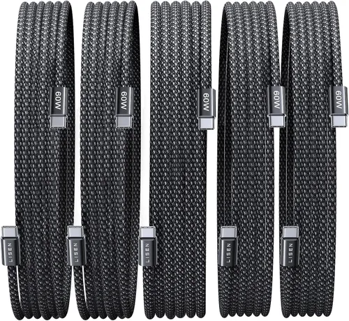 Vista 21 de LISEN Cable USB C, paquete de 5 cables USBC a USBC [0.5 pies] para iPhone 17 16e 15 Pro Max, cable de carga rápida de 60 W C a C para Galaxy Negro