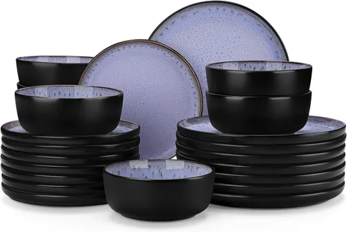 Vista 10 de vancasso Juego de platos y cuencos, juego de vajilla de gres de 18 piezas para 6, juego de platos de cocina de gres apto para microondas y Marrón