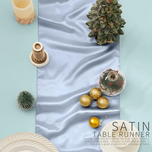 Vista 4 de Paquete de 12 caminos de mesa de satén azul bebé, 12 x 108 pulgadas, decoración de camino de mesa largo y sedoso, brillante, suave, decoración