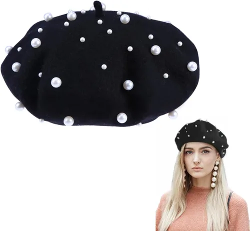 Vista 2 de Boina de cachemira de perlas estrelladas de lujo para mujer, accesorio elegante de invierno, Negro