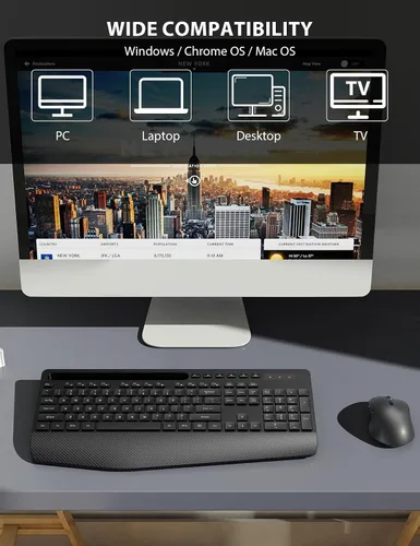 Vista 9 de Combo de teclado y mouse inalámbrico - Teclado ergonómico de tamaño completo con reposabrazos, soporte para teléfono, modo de suspensión, combo