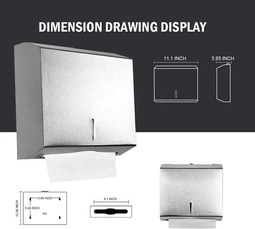 Vista 2 de Dispensador de toallas de papel comercial montado en la pared, dispensador de toallas de mano de baño de acero inoxidable cepillado con diseño