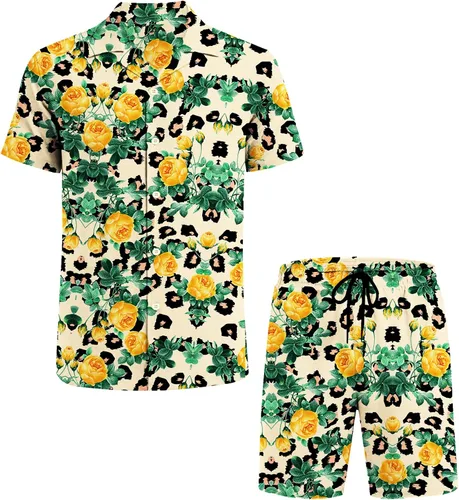 Vista 5 de LUCKYOUNG Conjunto de camisa hawaiana y pantalón corto para hombre, 2 piezas, camisa de manga corta con botones, trajes de vacaciones en la playa