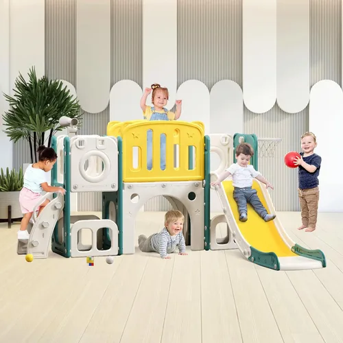 Vista 6 de Juego de toboganes 8 en 1 para niños pequeños, tobogán para niños pequeños, juego de tobogán escalador con aro de baloncesto, patio de juegos al