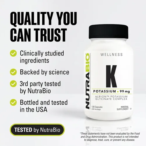 Vista 6 de NutraBio Complejo de potasio, suplemento de potasio para un corazón, huesos, músculos y digestión saludables, 99 mg - 120 cápsulas vegetales