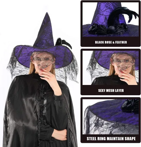 Vista 3 de ReneeCho Sombrero de bruja para mujer, accesorios de disfraz de Halloween, color morado, disfraz de mascarada para adultos