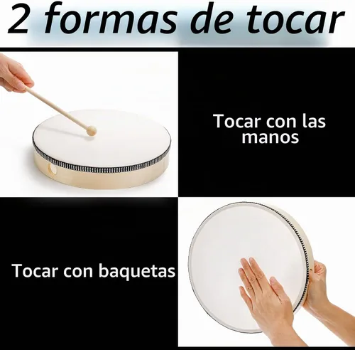 Vista 5 de Foraineam Tambor de mano de 10 pulgadas con baqueta de madera y marco de madera, tambor de ritmo musical, instrumento de percusión