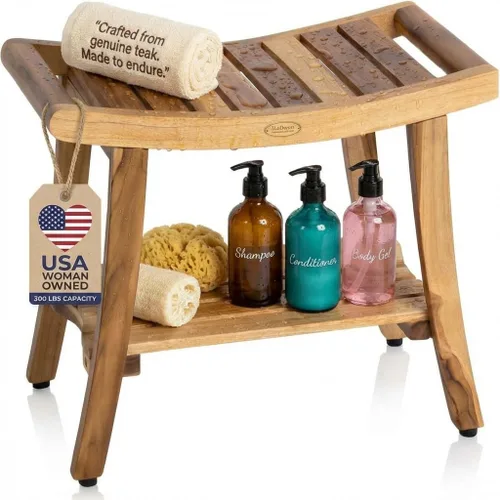 Vista 11 de EcoDecors Banco de teca para ducha de 18 pulgadas, banco de ducha de madera de teca impermeable, asiento de baño con estante, capacidad de 300