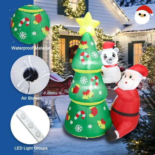 Vista 4 de 1.88 m de alto Árbol inflable navideño jumbo encantador con Papá Noel y oso polar, árbol inflable navideño animado con Papá Noel y oso polar, luces
