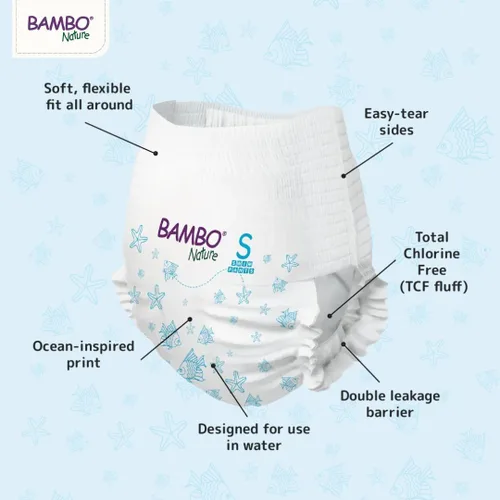 Vista 2 de Bambo Nature Pantalones de natación hipoalergénicos, pañales de natación con etiqueta ecológica, barreras de doble fuga - S (12 unidades)