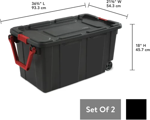 Vista 2 de Juego de 2 cajas de almacenamiento de plástico con ruedas de 40 galones, color negro, contenedores para el hogar