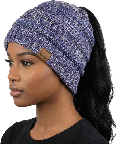 Vista 27 de Funky Junque Gorro de Cola de Caballo para Mujeres - Gorro de Invierno Ponyback Suave Elástico de Punto Trenzado Cola Alta Gorros para Correr