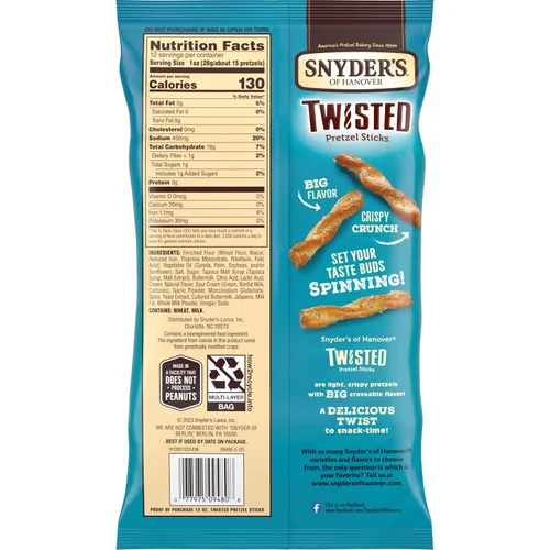 Vista 4 de Snyder's of Hanover Palitos de Pretzel Retorcidos con Sabor a Jalapeño Ranch, Bolsa de 12 Oz