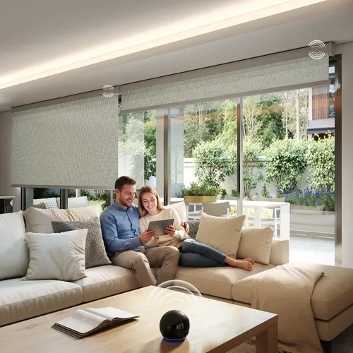 Vista 6 de Persianas inteligentes personalizadas de 110 pulgadas de ancho para ventanas grandes, persianas enrollables motorizadas 100% opacas compatibles