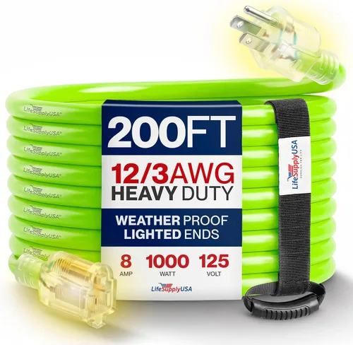 Vista 28 de Cable de extensión SJT de 12/3 300 V con luz LED para uso en interiores y exteriores con enchufe con iluminación LED Amarillo