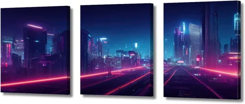 Vista 17 de Cuadros de 3 paneles de Cyberpunk City - Arte de pared de vallas publicitarias de edificios modernos en la capital con obras de arte modernas