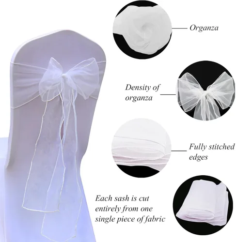 Vista 2 de 50 bandas de organza para silla para decoración de bodas, banquetes, fiestas, eventos, suministros para silla, lazos, bandas de cubierta - blanco