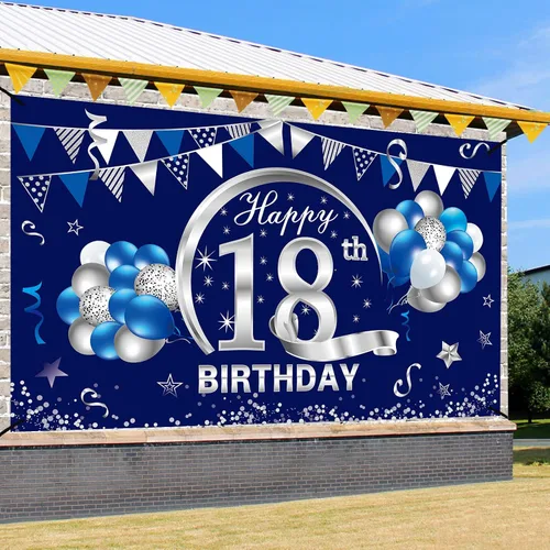 Vista 3 de Cartel de cumpleaños número 18 azul y plateado para hombres y niños, suministros de fiesta de telón de fondo de feliz cumpleaños de 18 años, póster