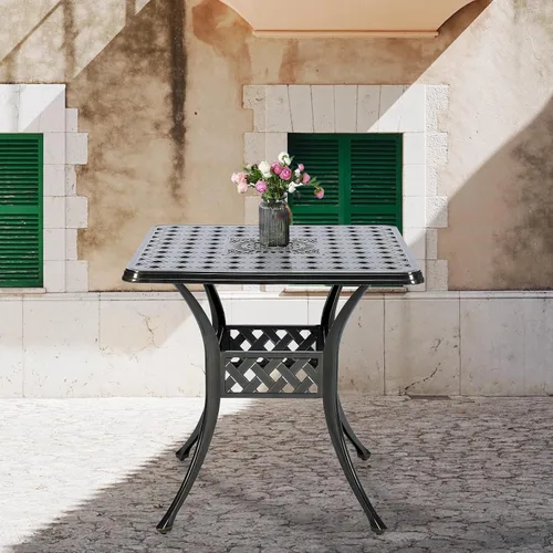 Vista 7 de Mesa de comedor al aire libre de 30.5 pulgadas, cuadrada, para patio, mesa de bistró, de aluminio fundido de bronce, mesa grande rústica con agujero